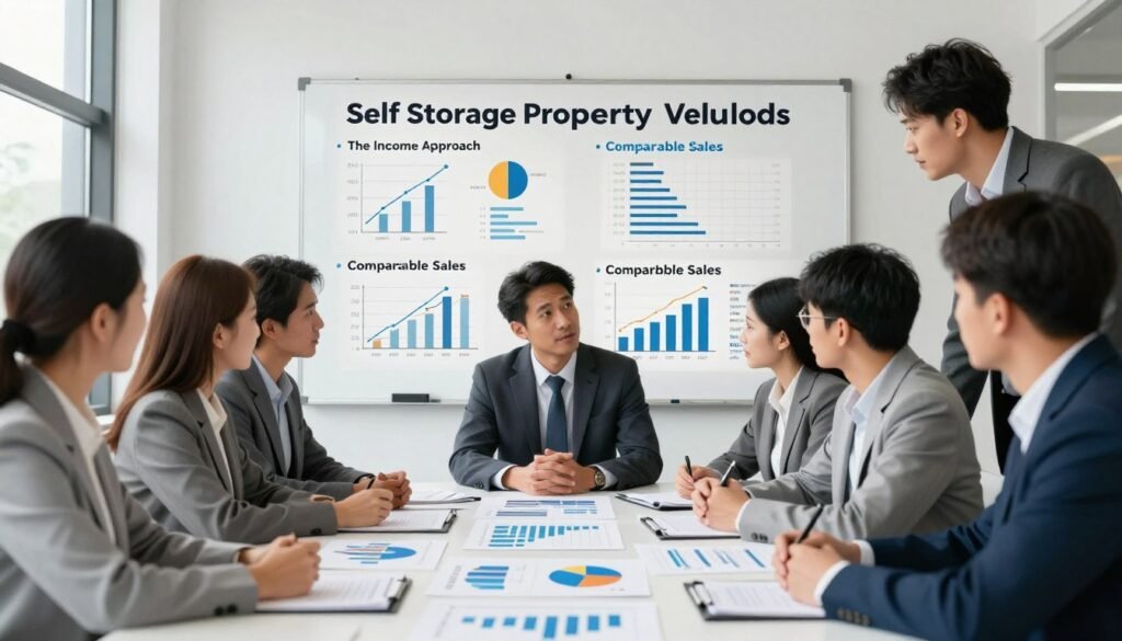 A detailed illustration of self-storage property valuation methods, showcasing a professional setting. In the foreground, a diverse group of business professionals, dressed in smart attire, are discussing valuation charts and graphs spread across a large table. The middle section features a large whiteboard displaying various valuation methods like the income approach and comparable sales, alongside diagrams and financial metrics. The background showcases a modern office with large windows allowing natural light to flood the scene, creating a bright and optimistic atmosphere. The image captures a collaborative and focused mood, emphasizing professionalism and financial acumen. The logo "Thorne CRE" is subtly integrated into the design, harmonizing with the overall aesthetic.