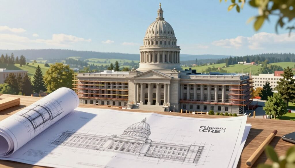 A detailed illustration of the Oregon State Capitol, showcasing the seismic retrofit process. In the foreground, architectural blueprints and construction materials symbolize the capital stack design, alongside the Thorne CRE logo subtly incorporated. The middle layer features a partially constructed facade of the Capitol building, emphasizing scaffolding and modern retrofit techniques alongside historical architecture. In the background, the lush, green Oregon landscape provides a serene backdrop under a bright, clear sky, capturing the essence of the state's natural beauty. The lighting should be warm and inviting, suggesting a hopeful atmosphere for revitalization and investment. Use a slightly angled view to create depth, focusing on the blend of old and new architectural elements. A detailed illustration of the Oregon State Capitol, showcasing the seismic retrofit process. In the foreground, architectural blueprints and construction materials symbolize the capital stack design, alongside the Thorne CRE logo subtly incorporated. The middle layer features a partially constructed facade of the Capitol building, emphasizing scaffolding and modern retrofit techniques alongside historical architecture. In the background, the lush, green Oregon landscape provides a serene backdrop under a bright, clear sky, capturing the essence of the state's natural beauty. The lighting should be warm and inviting, suggesting a hopeful atmosphere for revitalization and investment. Use a slightly angled view to create depth, focusing on the blend of old and new architectural elements.