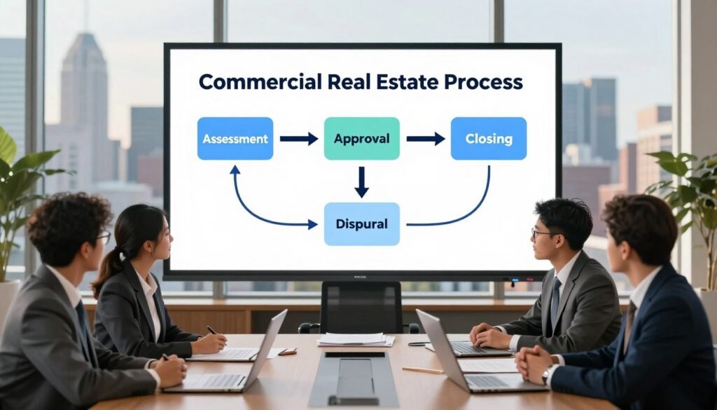 A detailed illustration of the commercial real estate loan process, showcasing a professional business setting. In the foreground, a diverse group of business professionals in formal attire are engaged in a discussion at a conference table, surrounded by loan documents and digital devices. The middle layer features a flowchart on a large screen depicting the steps from loan application to closing, highlighting key phases like assessment, approval, and disbursement. In the background, a large window reveals a view of Rhode Island's urban skyline, bathed in warm afternoon light. The atmosphere is collaborative and strategic, emphasizing the importance of teamwork and informed decision-making in the financing process. Soft, focused lighting creates a sense of professionalism and clarity. The image should evoke a sense of purpose and achievement.