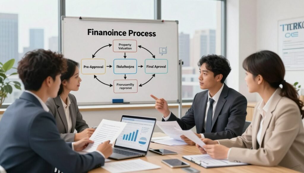 A detailed illustration of the multifamily financing process, showcasing a professional meeting in a modern conference room. In the foreground, a diverse group of three individuals, dressed in professional business attire, is engaged in discussing financing options, with papers and a laptop displaying graphs and charts on the table. In the middle ground, a whiteboard is visible with bullet points outlining key steps in the financing process, such as "Pre-Approval", "Property Valuation", and "Final Approval". The background features a large window with a city skyline, bathed in soft natural light, creating an optimistic and focused atmosphere. The scene conveys professionalism and collaboration, emphasizing the structured nature of financing. Include subtle branding elements of "Thorne CRE" in the conference room décor.