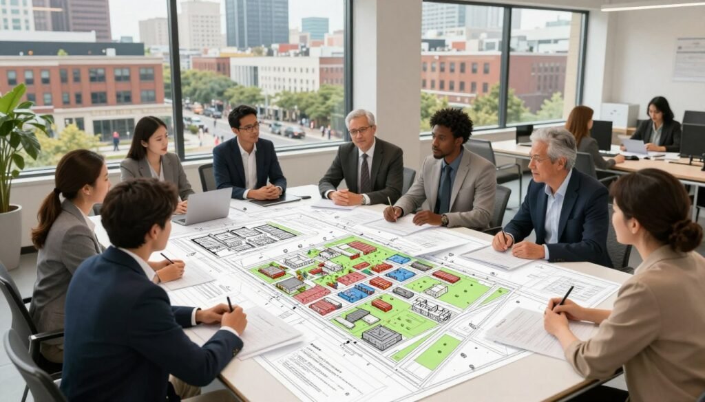 A detailed illustration of zoning regulations for mixed-use properties, featuring a large, open-plan office space in the foreground with a diverse group of professionals in business attire discussing plans around a table. In the middle, include architectural blueprints and zoning maps scattered across the table, with elements such as residential units, shops, and green spaces drawn on them. The background shows a vibrant urban landscape with mixed-use buildings, trees, and pedestrians. Soft, natural lighting filters through large windows, creating a professional yet inviting atmosphere. Capture the essence of regulatory compliance and urban planning, reflecting the collaboration and strategic thinking needed for financing these properties. Include the brand name "Thorne CRE" subtly integrated into the design.