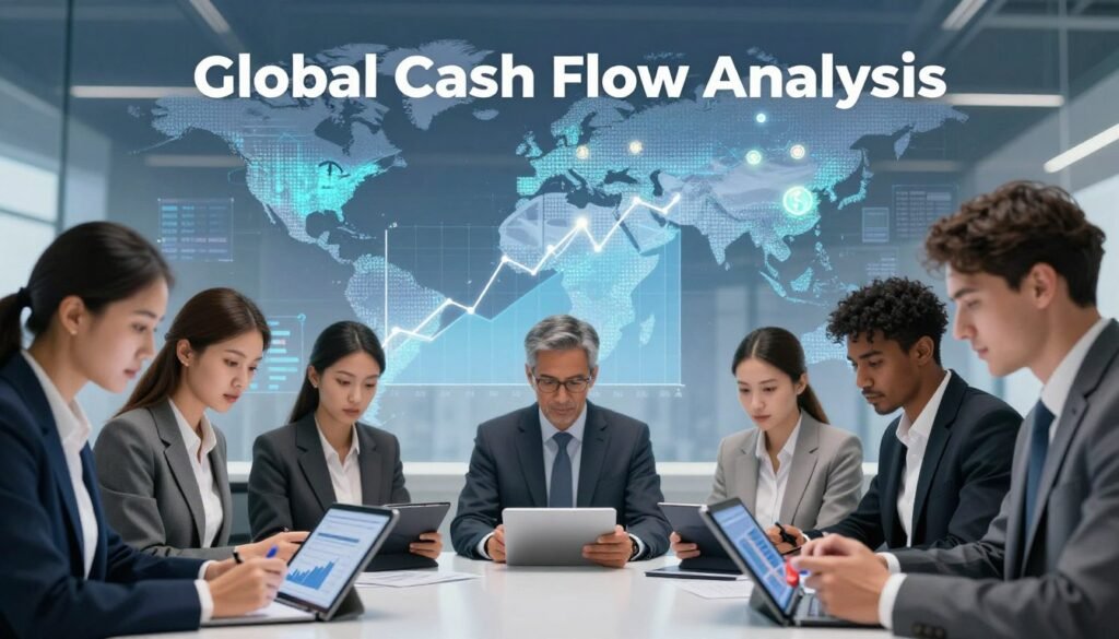 A detailed illustration representing "Global Cash Flow Analysis", focusing on the comparison of business and personal cash flows. In the foreground, a diverse group of professionals in business attire, analyzing financial charts on digital tablets, with expressions of concentration and collaboration. The middle layer features transparent graphs and charts illustrating cash flow trends and debt ratios, with currency symbols integrated into the designs. In the background, a world map overlay with glowing financial data points, symbolizing global cash flows. The lighting is bright and focused, with a modern, clean aesthetic, creating an atmosphere of professionalism and analytical diligence. The scene should evoke a sense of teamwork and financial insight, branded subtly with "Thorne CRE" integrated into the design elements.
