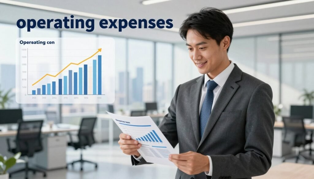 A detailed illustration representing "operating expenses" in the context of commercial real estate. In the foreground, a confident business professional in a tailored suit, analyzing a financial report with graphs and charts showing operating expenses. The middle layer features a modern office environment with sleek furniture, a digital display showing rising cash flow and lease structures, and a large window letting in natural light. In the background, a city skyline can be seen, symbolizing growth and opportunity. The lighting is bright and professional, enhancing clarity and focus on the subject. The overall mood is optimistic and forward-thinking, showcasing the importance of understanding operating expenses for a durable IOS NOI model. Include subtle branding elements of "Thorne CRE" in the background, reinforcing the affiliation with the topic.