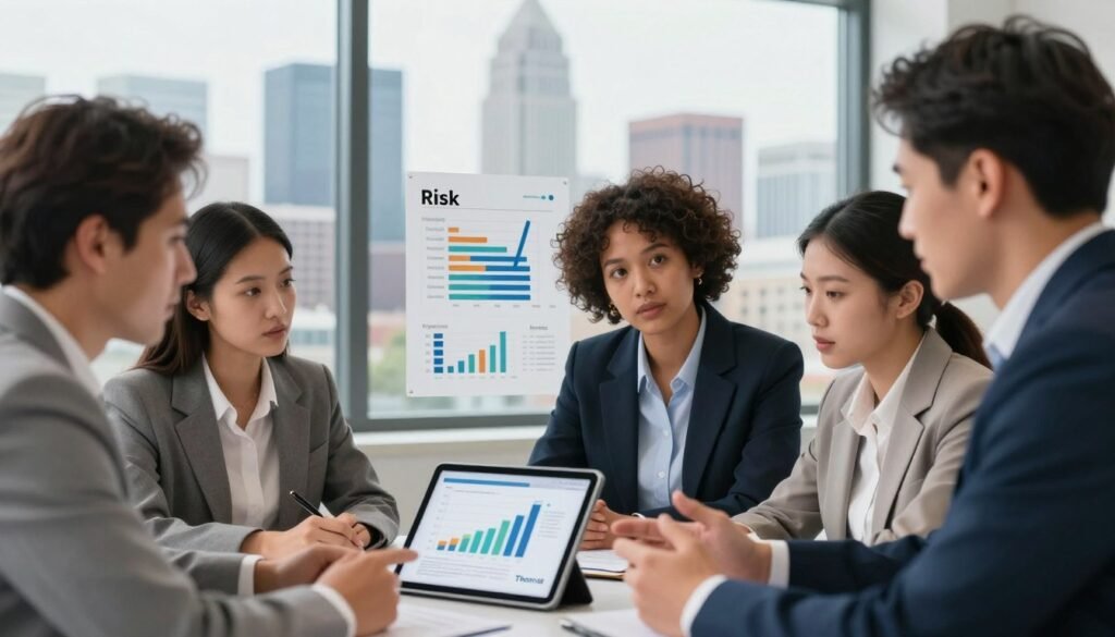 A detailed illustration representing risk mitigation strategies in commercial real estate financing. In the foreground, a diverse group of professionals in business attire, including a Caucasian man, a Black woman, and an Asian man, engaged in a discussion around a digital tablet displaying graphs and charts. The middle layer features graphical representations of risk elements, like fluctuating rates and barriers, visually appealing and easily digestible. The background shows an urban skyline, symbolizing commercial real estate, under soft, natural lighting that provides a professional yet approachable atmosphere. Use a slight depth of field effect to enhance focus on the professionals while softly blurring the skyline. Incorporate the brand name "Thorne CRE" subtly within the design elements. The overall mood should convey collaboration and strategic planning.
