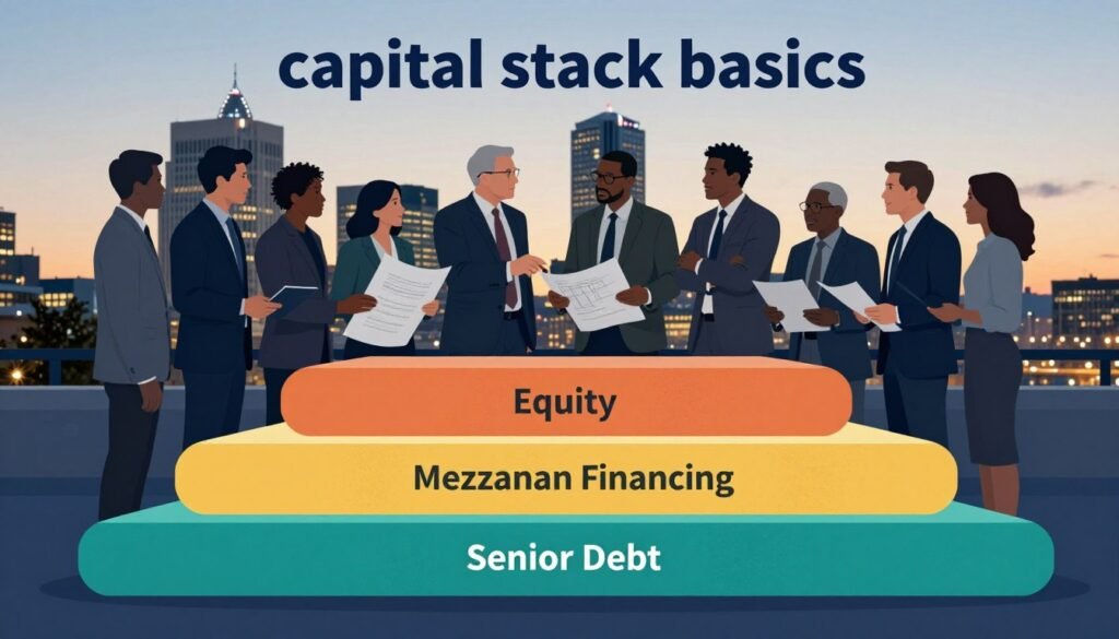 A detailed illustration showcasing the concept of "capital stack basics" in Oregon's commercial real estate financing. In the foreground, display a layered capital stack with clear sections representing equity, mezzanine financing, and senior debt, symbolized by distinct colors and textures. In the middle, include silhouettes of diverse professionals in business attire, discussing with blueprints and financial documents in hand, conveying collaboration. In the background, depict the Portland skyline with recognizable landmarks, under a soft dusk lighting that highlights the transition between day and night. Capture a professional and optimistic atmosphere, evoking the potential of investments in Oregon’s CRE market. Include the brand name "Thorne CRE" subtly integrated into the composition, ensuring a cohesive and informative visual representation. A detailed illustration showcasing the concept of "capital stack basics" in Oregon's commercial real estate financing. In the foreground, display a layered capital stack with clear sections representing equity, mezzanine financing, and senior debt, symbolized by distinct colors and textures. In the middle, include silhouettes of diverse professionals in business attire, discussing with blueprints and financial documents in hand, conveying collaboration. In the background, depict the Portland skyline with recognizable landmarks, under a soft dusk lighting that highlights the transition between day and night. Capture a professional and optimistic atmosphere, evoking the potential of investments in Oregon’s CRE market. Include the brand name "Thorne CRE" subtly integrated into the composition, ensuring a cohesive and informative visual representation.
