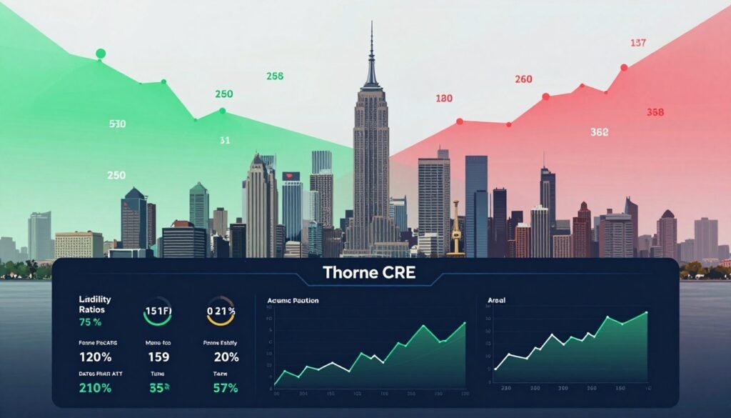 A detailed infographic illustrating U.S. commercial real estate liquidity data. In the foreground, include a sleek digital dashboard displaying key metrics like liquidity ratios, interest rates, and capital flow graphs. The middle layer shows a city skyline with iconic skyscrapers symbolizing the commercial real estate market, while numbers and data points dynamically flow into the scene. The background features a subtle gradient representing economic cycles, transitioning from a vibrant green (indicating growth) to a muted red (indicating downturn). Use softly diffused lighting to create a modern, professional ambiance, with a focus on clarity and precision. The atmosphere should convey confidence and forward-thinking finance. Incorporate the brand name "Thorne CRE" subtly within the design elements of the dashboard.