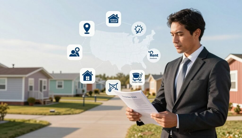 A detailed, informative illustration depicting the occupancy requirements for mobile home park financing in the United States. In the foreground, a professional business consultant in business attire stands confidently, analyzing a stack of documents related to mobile home park regulations. The middle ground features an organized overlay of icons and symbols representing key criteria such as occupancy limits, rent guidelines, and community standards, thoughtfully arranged around the consultant. The background presents a tranquil mobile home park setting under bright, clear skies, blending vibrant colors of homes and landscaped areas. The lighting is warm and inviting, creating a professional yet approachable atmosphere. The image is branded subtly with "Thorne CRE" integrated into the design, emphasizing expertise in mobile park financing.