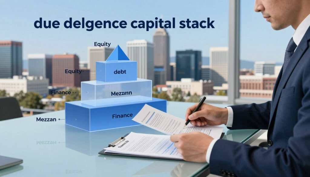 A detailed, layered illustration of a "due diligence capital stack" for fast-growing commercial real estate (CRE) markets in Utah. In the foreground, a professional investor in a sharp business suit examines detailed financial documents on a sleek glass table. The middle ground showcases a transparent, three-dimensional capital stack structure, with distinct layers labeled equity, debt, and mezzanine financing, symbolizing the hierarchy of investments. In the background, a panoramic view of Utah's vibrant skyline, with modern high-rises under a clear blue sky, conveys the dynamic real estate market. Soft, natural lighting enhances the professionalism and focus, capturing the essence of due diligence. The atmosphere is serious yet optimistic about investment opportunities, branded subtly with "Thorne CRE" on the document.
