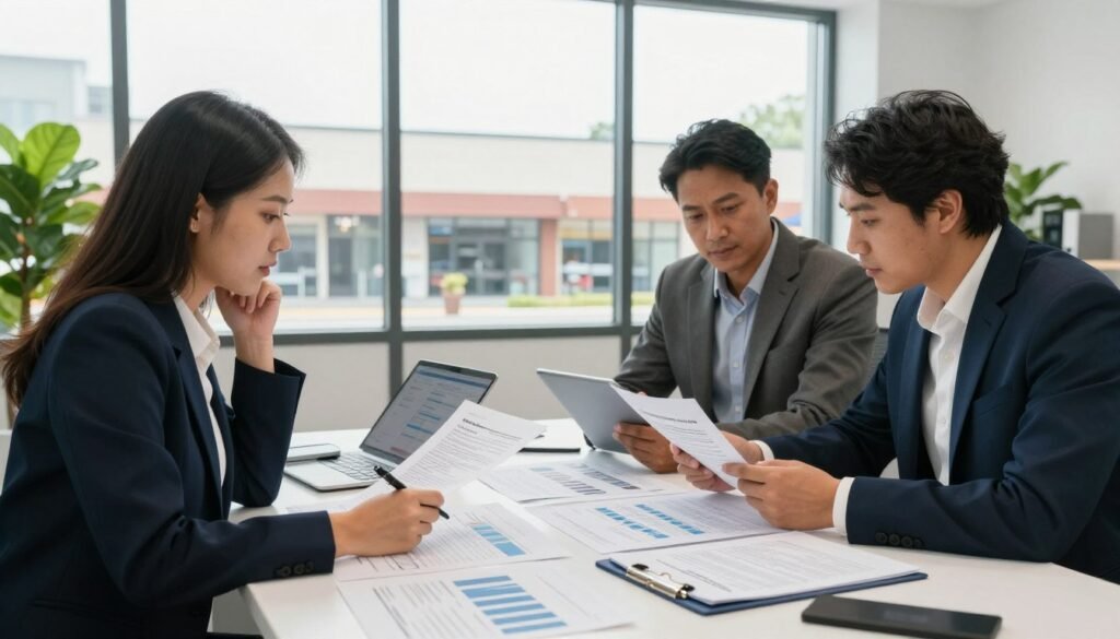 A detailed lease structure analysis depicted in a modern office setting. In the foreground, a diverse team of three professionals in business attire, closely examining documents and digital tablets. The middle ground shows a large, sleek table cluttered with charts, graphs, and lease agreements, emphasizing the complexity of retail lease structures. The background features a large window that lets in soft, natural light, overlooking a small retail strip center exterior with storefronts. The room is filled with a thoughtful, analytical atmosphere, and a potted plant adds a touch of warmth. A subtle branding item displaying "Thorne CRE" rests on the table, blending seamlessly with the professional decor. The image captures a moment of focused discussion amongst the team. A detailed lease structure analysis depicted in a modern office setting. In the foreground, a diverse team of three professionals in business attire, closely examining documents and digital tablets. The middle ground shows a large, sleek table cluttered with charts, graphs, and lease agreements, emphasizing the complexity of retail lease structures. The background features a large window that lets in soft, natural light, overlooking a small retail strip center exterior with storefronts. The room is filled with a thoughtful, analytical atmosphere, and a potted plant adds a touch of warmth. A subtle branding item displaying "Thorne CRE" rests on the table, blending seamlessly with the professional decor. The image captures a moment of focused discussion amongst the team.