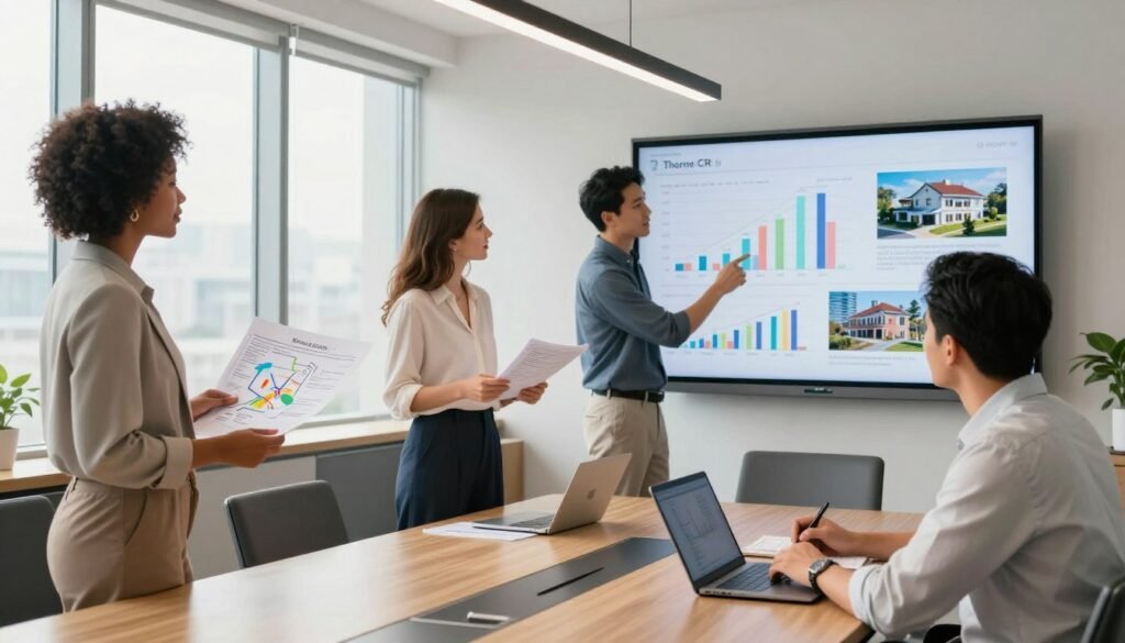 A detailed office environment representing a commercial real estate project meeting, featuring a diverse group of four professionals standing around a sleek conference table. The foreground focuses on a well-dressed Black woman presenting a colorful project blueprint, while a Hispanic man attentively takes notes on a laptop. In the middle ground, a Caucasian woman reviews documents, and an Asian man gestures towards a large wall-mounted screen displaying financial graphs and real estate images. The background shows large windows with natural light streaming in, giving a warm, inviting atmosphere. The scene captures a sense of collaboration and strategic planning, with contemporary decor and minimalistic style. The text "Thorne CRE" is subtly integrated into the design of the conference room.