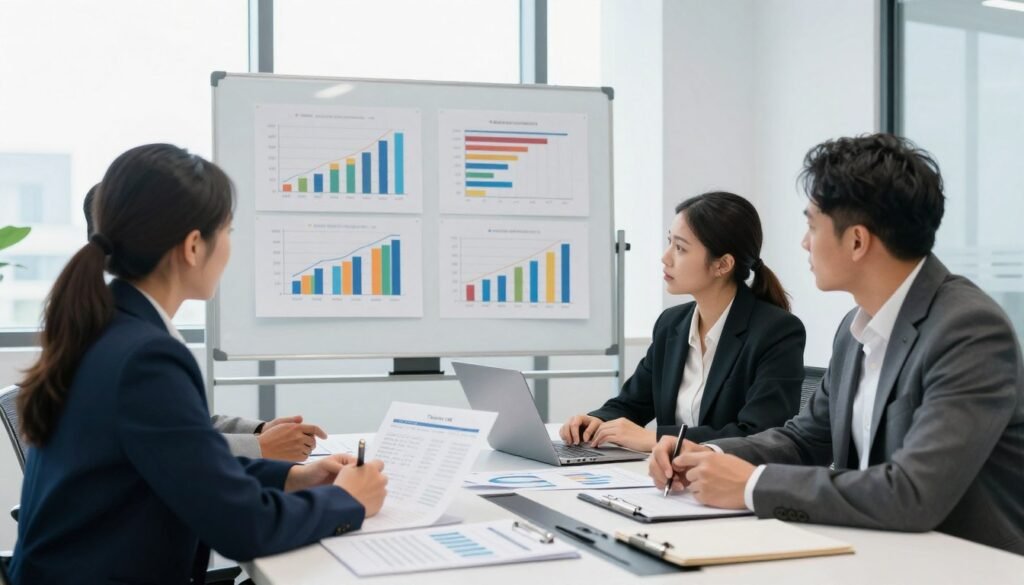 A detailed office meeting scene centered around healthcare financing. In the foreground, a diverse group of three professionals, dressed in smart business attire, are discussing project costs and budget assumptions over a spread of financial documents and laptops on a sleek conference table. In the middle ground, a whiteboard filled with colorful graphs and charts illustrating budget forecasts and cost breakdowns. The background features a bright, modern office space with large windows allowing soft, natural light to flood in, enhancing the atmosphere of collaboration and focus. The perspective is slightly elevated to capture both the ground-level action and the board's detailed visuals. This scene represents clarity, professionalism, and strategic planning, branded subtly with “Thorne CRE” on a prominent document in the foreground.