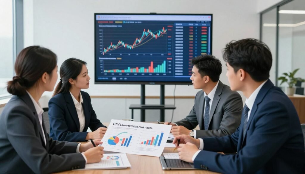 A detailed office setting showcasing a strategic real estate meeting. In the foreground, a diverse group of three professionals, two men in sharp suits and a woman in a smart blazer, are engaged in a discussion, analyzing graphs and charts illustrating LTV (Loan-to-Value) equity cash strategies on a sleek table. The middle ground features a large digital screen displaying financial data and market trends related to Pennsylvania commercial real estate. The background is an elegant office with large windows, allowing natural light to pour in, creating a bright atmosphere. The mood is focused and collaborative, indicating high-stakes decision-making. The composition is captured from a slight high angle to emphasize the interaction among the individuals and their environment.
