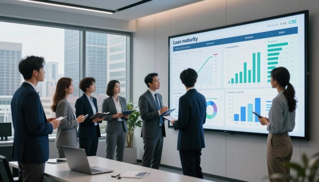A detailed, professional depiction of a loan maturity wall in commercial real estate, illustrating complex financial data and potential refinancing risks. In the foreground, a sleek, modern office setting with a large digital screen displaying graphs and charts related to loan maturities, in shades of blue and green. In the middle, a diverse group of professionals in business attire, observing the data intently, taking notes, and discussing strategies, conveying a sense of urgency and focus. In the background, a cityscape view through large windows, showcasing skyscrapers representing the commercial real estate market. Soft, ambient lighting illuminates the scene to create a serious yet optimistic atmosphere. The setting is clean and organized, without any distractions. The brand name "Thorne CRE" subtly integrated into the digital display. A detailed, professional depiction of a loan maturity wall in commercial real estate, illustrating complex financial data and potential refinancing risks. In the foreground, a sleek, modern office setting with a large digital screen displaying graphs and charts related to loan maturities, in shades of blue and green. In the middle, a diverse group of professionals in business attire, observing the data intently, taking notes, and discussing strategies, conveying a sense of urgency and focus. In the background, a cityscape view through large windows, showcasing skyscrapers representing the commercial real estate market. Soft, ambient lighting illuminates the scene to create a serious yet optimistic atmosphere. The setting is clean and organized, without any distractions. The brand name "Thorne CRE" subtly integrated into the digital display.