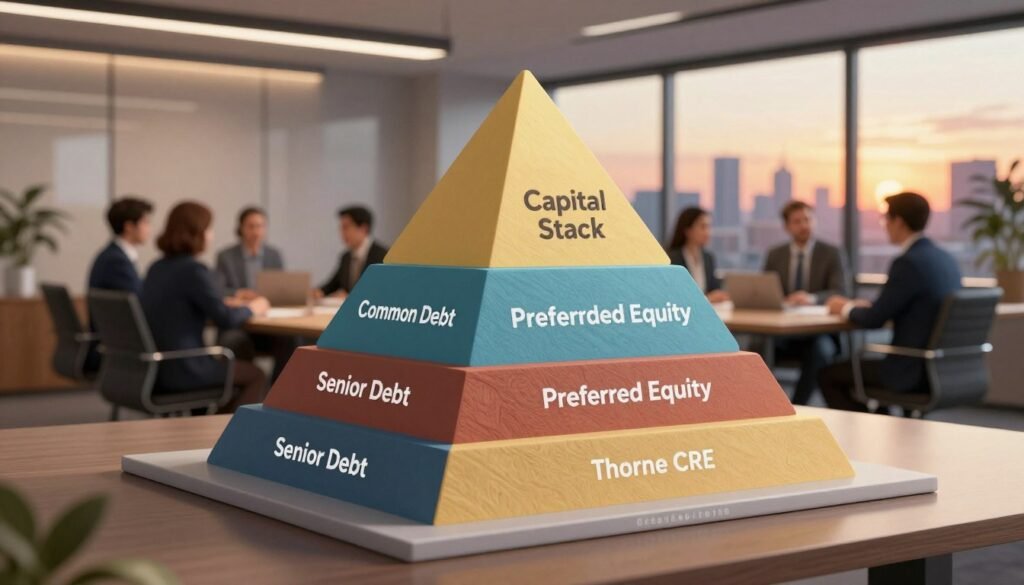 A detailed, professional illustration of a "Capital Stack" concept, visualized as a layered pyramid structure, with distinct sections representing different types of equity and debt. In the foreground, clearly defined layers labeled "Senior Debt", "Mezzanine Debt", "Preferred Equity", and "Common Equity" with varying colors and textures. The middle ground features a polished office environment, symbolizing commercial real estate, with modestly dressed business people discussing investment strategies around a conference table. In the background, a city skyline at sunset creates a warm, inviting atmosphere. Soft overhead lighting highlights the structure, providing a sophisticated mood. The title "Thorne CRE" subtly integrated into the base of the pyramid, enhancing the professionalism of the image. A detailed, professional illustration of a "Capital Stack" concept, visualized as a layered pyramid structure, with distinct sections representing different types of equity and debt. In the foreground, clearly defined layers labeled "Senior Debt", "Mezzanine Debt", "Preferred Equity", and "Common Equity" with varying colors and textures. The middle ground features a polished office environment, symbolizing commercial real estate, with modestly dressed business people discussing investment strategies around a conference table. In the background, a city skyline at sunset creates a warm, inviting atmosphere. Soft overhead lighting highlights the structure, providing a sophisticated mood. The title "Thorne CRE" subtly integrated into the base of the pyramid, enhancing the professionalism of the image.