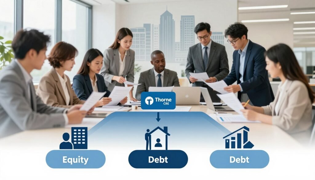 A detailed, professional illustration of a multifamily capital stack, focusing on workforce and affordable housing structures in Ohio. In the foreground, depict a stylized representation of various capital sources, such as equity and debt, arranged in a tiered structure. The middle ground features a diverse group of professionals in business attire analyzing documents and discussing strategies, reflecting collaboration in a modern office setting. The background showcases a skyline of Ohio, with multifamily residential buildings symbolizing growth and opportunity. Use soft, natural light to create an inviting atmosphere, and employ a slight tilt-shift lens effect to enhance depth. The overall mood is optimistic and focused on effective financial strategies. Include a subtle logo of "Thorne CRE" integrated into the image, ensuring a clean and polished look without any text overlays.