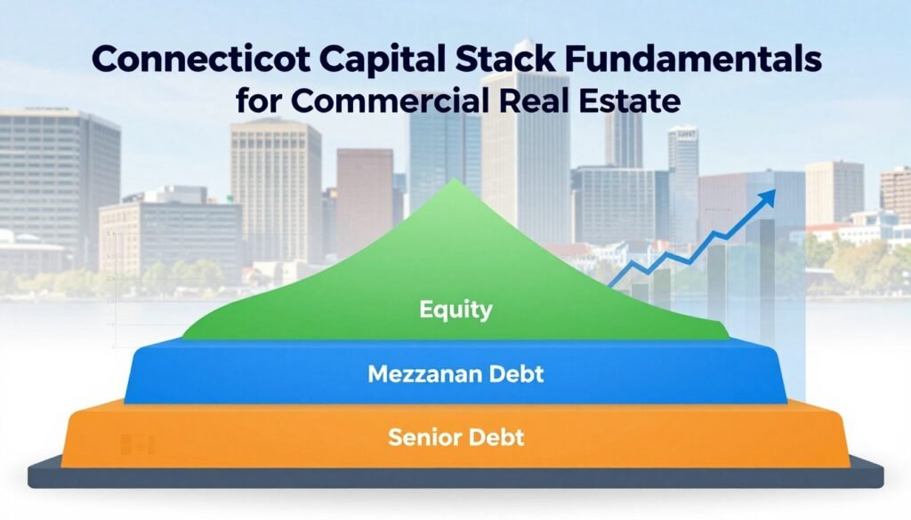 A detailed, professional infographic illustration of "Connecticut Capital Stack Fundamentals for Commercial Real Estate", showcasing the layered structure of a capital stack. In the foreground, display distinct layers including equity, mezzanine debt, and senior debt, using vibrant colors like green, blue, and orange to represent each layer. In the middle, depict a blending of financial graphs and charts, symbolizing performance metrics and funding sources, with subtle textures representing confidence and growth. The background features a soft focus image of Connecticut’s skyline, with skyscrapers hinting at the commercial real estate theme. The lighting is bright and clear, creating an optimistic atmosphere, captured from a slight overhead angle to emphasize depth. Incorporate the brand name "Thorne CRE" subtly within the design. A detailed, professional infographic illustration of "Connecticut Capital Stack Fundamentals for Commercial Real Estate", showcasing the layered structure of a capital stack. In the foreground, display distinct layers including equity, mezzanine debt, and senior debt, using vibrant colors like green, blue, and orange to represent each layer. In the middle, depict a blending of financial graphs and charts, symbolizing performance metrics and funding sources, with subtle textures representing confidence and growth. The background features a soft focus image of Connecticut’s skyline, with skyscrapers hinting at the commercial real estate theme. The lighting is bright and clear, creating an optimistic atmosphere, captured from a slight overhead angle to emphasize depth. Incorporate the brand name "Thorne CRE" subtly within the design.