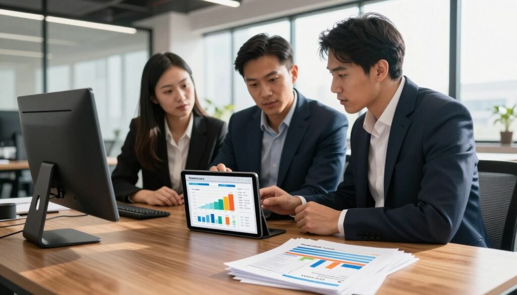 A detailed, professional office environment focused on rent roll analysis. In the foreground, a sleek wooden desk displays a digital tablet and a stack of colorful graphs detailing rental income, vacancy rates, and lease expirations. In the middle, a diverse group of three business professionals, dressed in sharp suits, closely examines the data on the tablet, engaged in discussion. The background features a modern office with large windows, allowing natural light to flood the room, casting soft shadows. The atmosphere is collaborative and analytical, emphasizing focus and professionalism. The branding "Thorne CRE" is subtly integrated into the desk materials. Use a warm color palette with a focus on clarity and sophistication. A detailed, professional office environment focused on rent roll analysis. In the foreground, a sleek wooden desk displays a digital tablet and a stack of colorful graphs detailing rental income, vacancy rates, and lease expirations. In the middle, a diverse group of three business professionals, dressed in sharp suits, closely examines the data on the tablet, engaged in discussion. The background features a modern office with large windows, allowing natural light to flood the room, casting soft shadows. The atmosphere is collaborative and analytical, emphasizing focus and professionalism. The branding "Thorne CRE" is subtly integrated into the desk materials. Use a warm color palette with a focus on clarity and sophistication.
