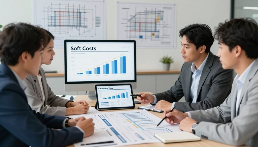 A detailed, professional scene depicting soft costs in a construction budget. In the foreground, a focused group of diverse professionals in business attire examines a large budget document spread across a conference table. They are actively discussing elements like permits, insurance, and financing fees, highlighting collaboration and trust. In the middle, a clear graph illustrating soft costs is prominently displayed on a digital tablet, showing a breakdown of expenses. The background features a sleek modern office with construction blueprints on the walls, symbolizing a connection to the industry. Soft, natural lighting bathes the scene to create a welcoming atmosphere, with a shallow depth of field that emphasizes the working team. The image is crafted to reflect professionalism and diligence in financial planning. Include the brand name "Thorne CRE" subtly in the environment, such as on a notebook or business card present at the table.