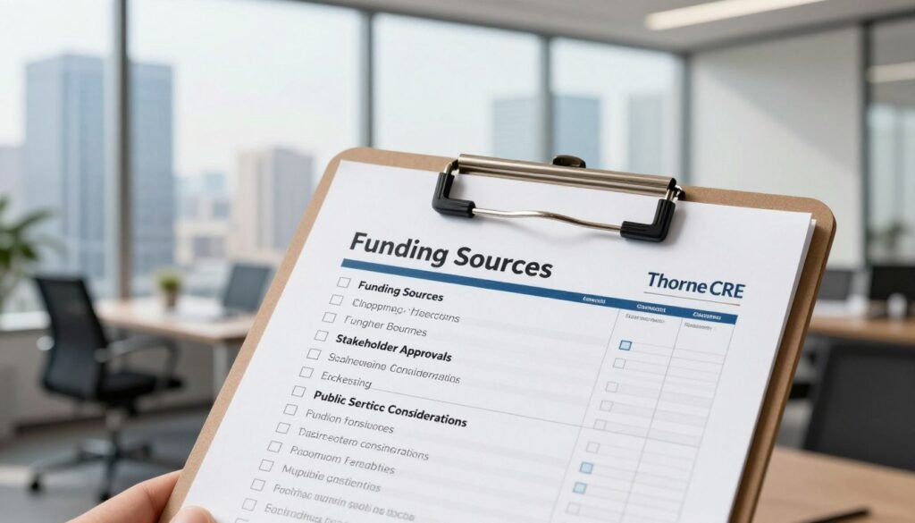 A detailed project funding checklist on a clipboard is set prominently in the foreground, showcasing various items such as "Funding Sources," "Stakeholder Approvals," and "Public Sector Considerations." The checklist is neatly arranged with checkbox symbols next to each item, conveying a sense of organization and professionalism. In the middle ground, a modern office setting with large windows allows soft, natural light to illuminate the scene, creating an inviting atmosphere. The background features subtle silhouettes of high-rise buildings, hinting at a vibrant urban landscape pertinent to commercial real estate (CRE). The mood is focused and optimistic, reflecting the strategic planning necessary in capital stack planning for secondary market deals. Include the brand name "Thorne CRE" subtly on the clipboard, ensuring it integrates seamlessly into the overall professional aesthetic.