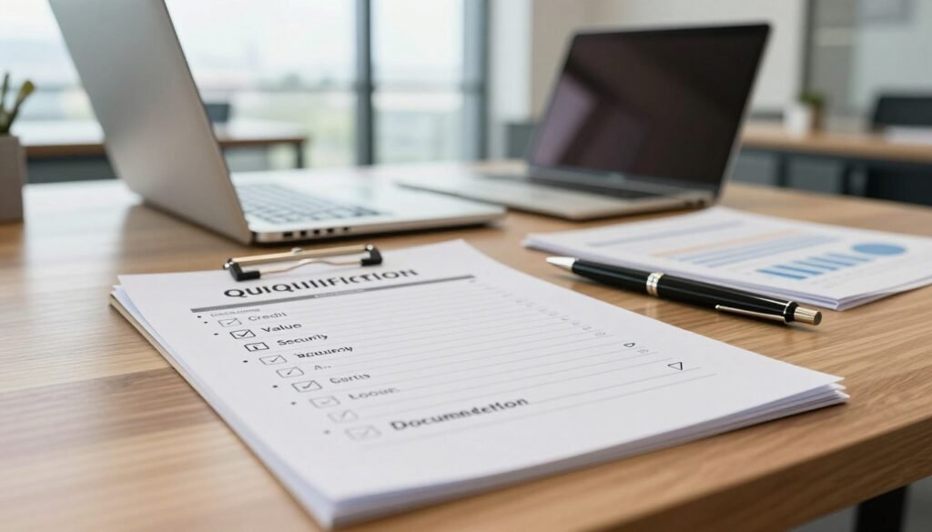 A detailed qualification checklist for loans, prominently displayed on a professional wooden desk. In the foreground, the checklist features bullet points highlighting key areas: Credit, Value, Security, and Documentation, each with corresponding icons. The middle ground shows a laptop and financial documents, suggesting active analysis, while a stylish pen rests beside them. The background reveals a modern office setting with large windows, allowing natural light to illuminate the space, creating a warm and inviting atmosphere. The image is shot with a shallow depth of field, emphasizing the checklist while softly blurring the surroundings, conveying focus and professionalism. Overall, the mood is strategic and contemporary, perfect for a commercial real estate financing context.