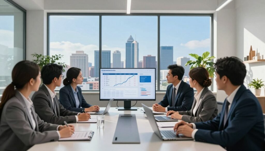 A detailed scene depicting a modern office environment focused on commercial real estate financing. In the foreground, a diverse group of professionals in business attire, gathered around a sleek conference table with digital screens displaying graphs and interest rate strategies. The middle ground features a large window revealing a Kansas skyline, symbolizing opportunity, under a clear, bright blue sky. The background shows minimalist decor, with plants and architectural models. Soft, natural lighting streams in, casting gentle shadows, creating a mood of professionalism and collaboration. The perspective is slightly elevated, capturing the dynamic interaction of the team as they discuss financial terms and innovative loan structures in today’s market. The atmosphere conveys focus, strategy, and forward-thinking.