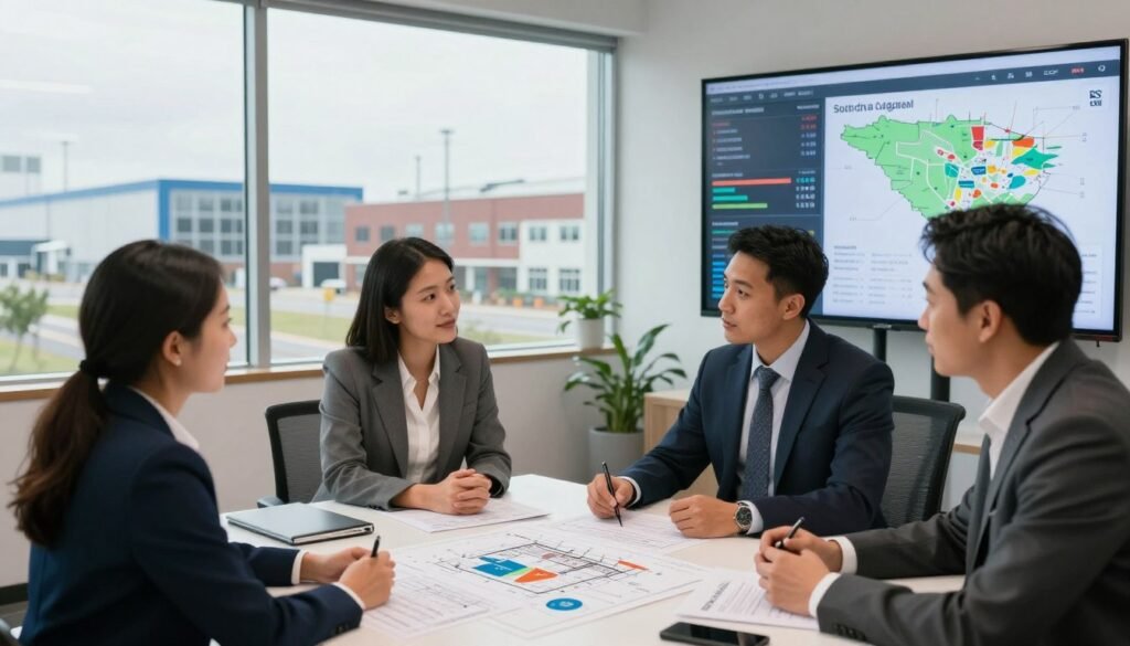 A detailed scene depicting a modern office space focused on capital planning for industrial and multifamily demand in South Carolina. In the foreground, a diverse group of four professionals in business attire—two men and two women—are engaged in a discussion over architectural plans and financial graphs on a large table, showcasing teamwork and strategy. The middle ground features a large window that reveals a view of a contemporary industrial complex and a multifamily residential building, symbolizing the targets of their planning efforts. In the background, a digital screen displays financial charts and a map of South Carolina, emphasizing data-driven decision-making. The lighting is bright and professional, with a balanced, informative atmosphere. The image subtly incorporates elements of the Thorne CRE brand through colors or logos on documents.
