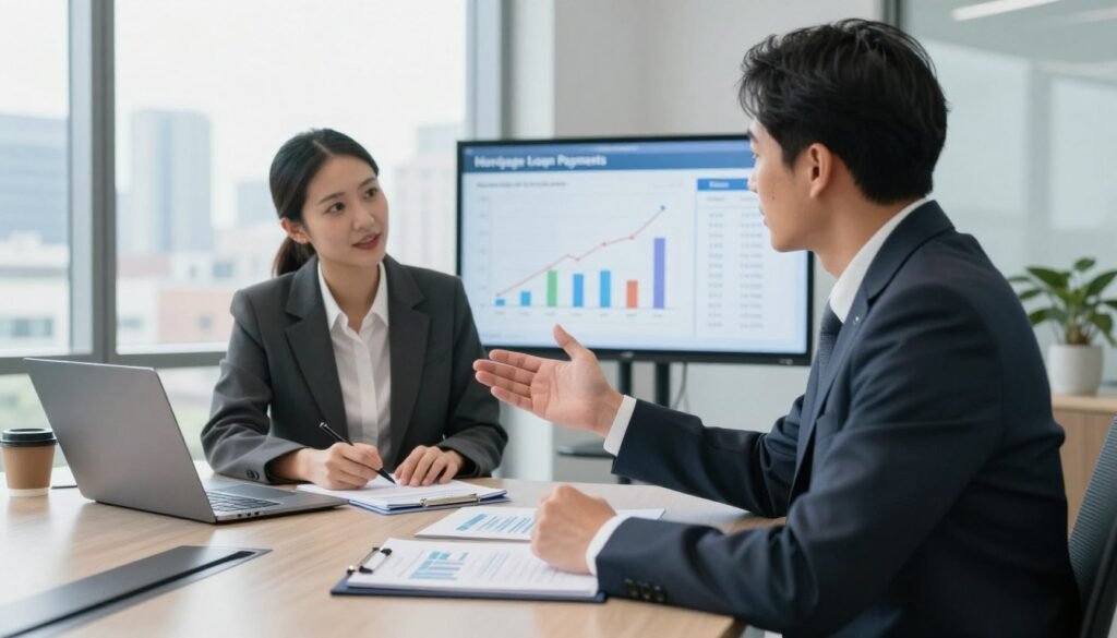 A detailed scene depicting a professional mortgage advisor and client engaged in a discussion about loan payments and treasury tools within a modern office setting. In the foreground, the advisor, wearing a sharp suit, gestures towards an interactive digital presentation showing graphs of interest rates and payment schedules. The client, dressed in business attire, appears engaged and interested. In the middle ground, a sleek conference table is adorned with financial documents, a laptop, and a coffee cup. In the background, large windows reveal a city skyline, with soft, natural lighting illuminating the space. The mood is focused and collaborative, conveying a sense of professionalism and strategic planning in the realm of commercial real estate financing.