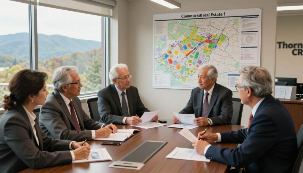 A detailed scene depicting a senior debt office meeting focused on West Virginia commercial real estate. In the foreground, a diverse group of professionals in business attire are engaged in a discussion around a large conference table, analyzing financial documents and charts. The middle ground features a prominent map of West Virginia pinned on a wall, highlighting various real estate developments. The background showcases large windows with a view of the Appalachian Mountains, bathed in soft, natural daylight, creating a productive and positive atmosphere. The lighting is warm and inviting, capturing the essence of collaboration. The image subtly includes the brand name "Thorne CRE" in the decor of the room, suggesting a corporate setting. A detailed scene depicting a senior debt office meeting focused on West Virginia commercial real estate. In the foreground, a diverse group of professionals in business attire are engaged in a discussion around a large conference table, analyzing financial documents and charts. The middle ground features a prominent map of West Virginia pinned on a wall, highlighting various real estate developments. The background showcases large windows with a view of the Appalachian Mountains, bathed in soft, natural daylight, creating a productive and positive atmosphere. The lighting is warm and inviting, capturing the essence of collaboration. The image subtly includes the brand name "Thorne CRE" in the decor of the room, suggesting a corporate setting.