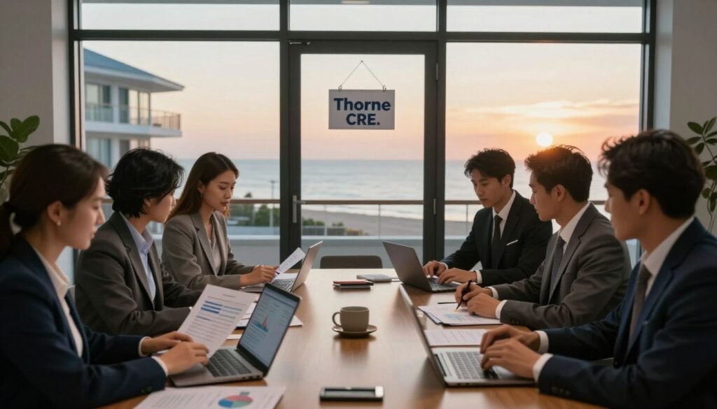 A detailed scene depicting the impact of COVID-19 on seasonal hotel underwriting. In the foreground, a diverse group of professionals in business attire are gathered around a conference table, reviewing financial documents and charts on laptops, symbolizing analysis and strategic planning. The middle ground shows large windows overlooking a seaside hotel that appears vacant, with a closed sign hanging on the door, illustrating the effects of the pandemic on seasonal tourism. In the background, a sunset casts a warm glow over the scene, creating a contrast between hope and uncertainty. The lighting is soft, reflecting a contemplative mood. Overall, the image should convey the challenges and considerations of hotel underwriting post-COVID-19, highlighting the brand "Thorne CRE."