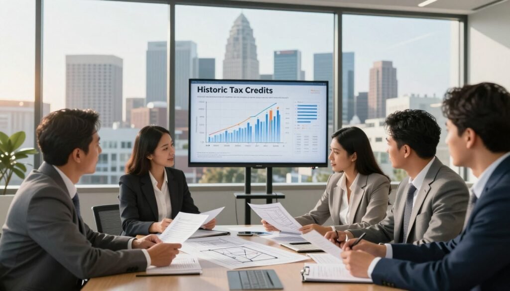 A detailed scene illustrating the concept of Historic Tax Credits and C-PACE financing in real estate development. In the foreground, a diverse group of four professionals in business attire analyzes financial documents at a conference table, showcasing a collaborative atmosphere. The middle ground features large architectural blueprints and digital displays of financial graphs emphasizing capital stack strategies. The background displays a city skyline of California’s Major CRE Markets, bathed in warm afternoon sunlight, creating a bright, optimistic mood. The setting is a modern conference room with glass walls, symbolizing transparency in financing. Aim for a sharp focus with a slight depth of field, capturing the essence of strategic financial planning. Include elements like the logo “Thorne CRE” subtly integrated into the conference documents.