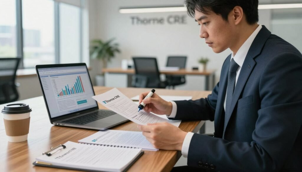 A detailed scene representing mortgage underwriting criteria, featuring a professional underwriter reviewing loan applications in a modern office setting. In the foreground, depict a focused underwriter in formal business attire, closely examining a stack of documents, highlighter in hand. The middle ground includes a polished wooden desk with a laptop displaying graphs and financial data, alongside a cup of coffee and a notepad filled with handwritten notes. The background reveals a bright, spacious office with large windows letting in natural light, showcasing cityscape views. The atmosphere is serious yet productive, with a subtle depth of field effect to draw attention to the underwriter and their work. The image should convey the analytical nature of underwriting while prominently incorporating the brand name “Thorne CRE” into the office decor. A detailed scene representing mortgage underwriting criteria, featuring a professional underwriter reviewing loan applications in a modern office setting. In the foreground, depict a focused underwriter in formal business attire, closely examining a stack of documents, highlighter in hand. The middle ground includes a polished wooden desk with a laptop displaying graphs and financial data, alongside a cup of coffee and a notepad filled with handwritten notes. The background reveals a bright, spacious office with large windows letting in natural light, showcasing cityscape views. The atmosphere is serious yet productive, with a subtle depth of field effect to draw attention to the underwriter and their work. The image should convey the analytical nature of underwriting while prominently incorporating the brand name “Thorne CRE” into the office decor.