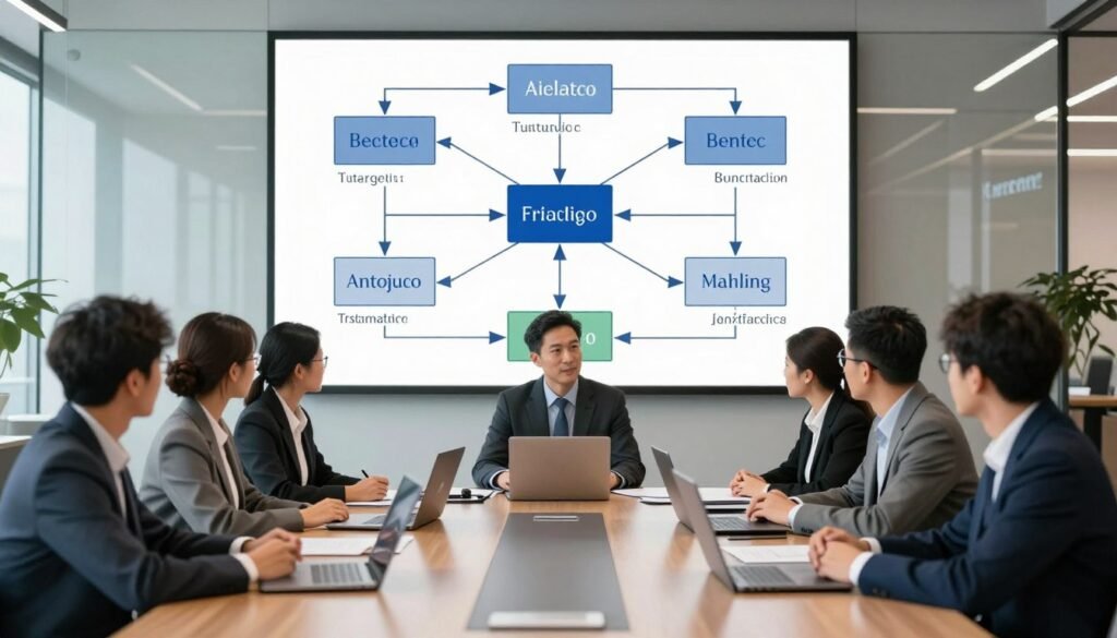 A detailed strategic decision-making framework illustration showcasing an intricate blend of analytical tools and visual metaphors. In the foreground, a polished conference table surrounded by diverse business professionals in formal attire, deep in discussion, with laptops and documents spread out, reflecting an engaged atmosphere. The middle ground features a large digital display with flowcharts, arrows, and diagrams that represent various strategic pathways and decision trees. The background includes a modern, sleek office environment with glass walls, allowing natural light to pour in, creating a bright and inspiring setting. The overall mood is one of focus and collaboration, emphasizing clarity and foresight in decision-making. Enhance the imagery with soft, diffused lighting to evoke a professional ambiance, branded subtly with “Thorne CRE” integrated in the design elements. A detailed strategic decision-making framework illustration showcasing an intricate blend of analytical tools and visual metaphors. In the foreground, a polished conference table surrounded by diverse business professionals in formal attire, deep in discussion, with laptops and documents spread out, reflecting an engaged atmosphere. The middle ground features a large digital display with flowcharts, arrows, and diagrams that represent various strategic pathways and decision trees. The background includes a modern, sleek office environment with glass walls, allowing natural light to pour in, creating a bright and inspiring setting. The overall mood is one of focus and collaboration, emphasizing clarity and foresight in decision-making. Enhance the imagery with soft, diffused lighting to evoke a professional ambiance, branded subtly with “Thorne CRE” integrated in the design elements.