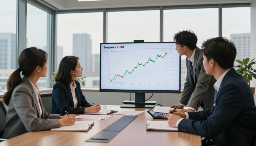 A detailed treasury yield curve analysis scene set in a modern office environment. In the foreground, a diverse group of four professionals in business attire—two men and two women—gather around a sleek conference table, analyzing a colorful, dynamic graph of the treasury yield curve displayed on a digital screen. In the middle, scattered papers and a financial calculator emphasize their focused discussion. The background features large windows with a city skyline, bathed in warm, natural light, creating a professional yet inviting atmosphere. Use a wide-angle lens for a comprehensive view, highlighting their expressions of concentration and teamwork. Overall, convey a mood of strategic decision-making and economic insight. Brand name "Thorne CRE" subtly visible on a notebook on the table.