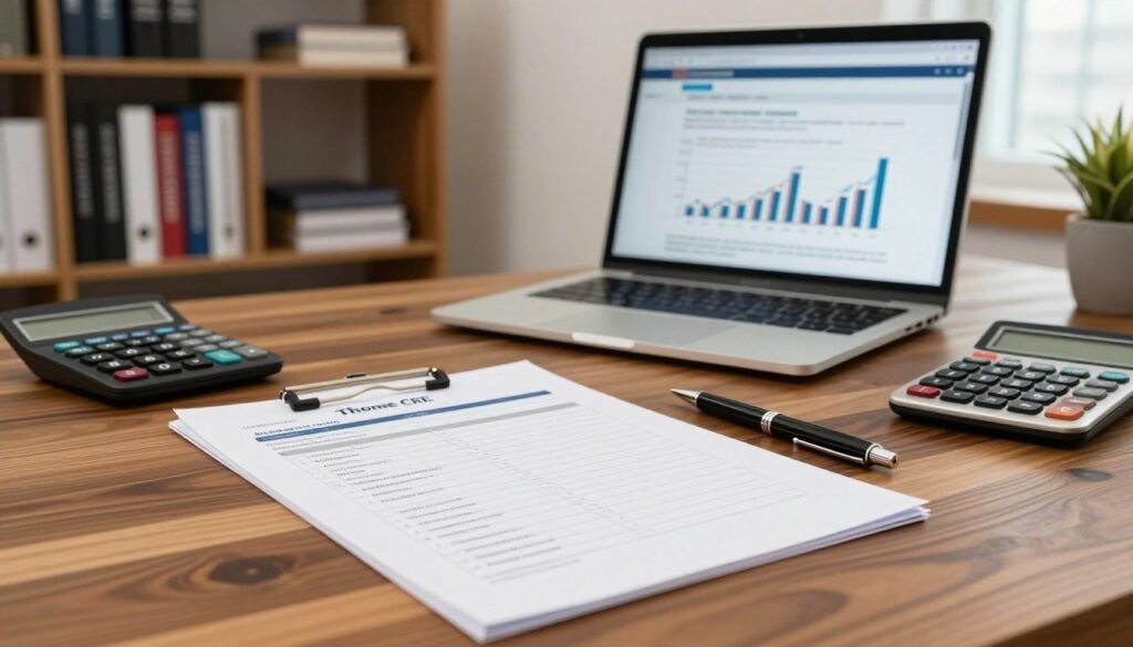 A detailed underwriting document checklist displayed on a polished wooden desk in a modern office setting. The foreground features a neatly arranged checklist with a pen and a calculator, exuding an air of professionalism. In the middle ground, a laptop is open, showing financial graphs and documents relevant to a lender-ready loan package. The background showcases a well-organized bookshelf filled with finance books and client files, hinting at an efficient workspace. Soft natural lighting filters through a window, creating a warm and inviting atmosphere. The image conveys a sense of diligence and readiness in the loan underwriting process. Include the brand name "Thorne CRE" subtly integrated into a document on the desk.
