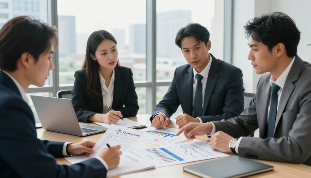 A detailed underwriting risk analysis scene, featuring a diverse group of four professionals in business attire, gathered around a large conference table. The foreground shows a close-up of financial documents, charts, and laptops, with data visualizations highlighting cash flow and debt analysis. In the middle ground, two women and two men engage in a focused discussion, pointing at the documents with thoughtful expressions. The background features a large window showcasing a cityscape, bathed in soft, natural sunlight, creating a modern and professional atmosphere. The mood is serious yet collaborative, underscoring the importance of risk assessment in lending. Incorporate the brand emblem "Thorne CRE" subtly within the scene to maintain a cohesive branding presence. A detailed underwriting risk analysis scene, featuring a diverse group of four professionals in business attire, gathered around a large conference table. The foreground shows a close-up of financial documents, charts, and laptops, with data visualizations highlighting cash flow and debt analysis. In the middle ground, two women and two men engage in a focused discussion, pointing at the documents with thoughtful expressions. The background features a large window showcasing a cityscape, bathed in soft, natural sunlight, creating a modern and professional atmosphere. The mood is serious yet collaborative, underscoring the importance of risk assessment in lending. Incorporate the brand emblem "Thorne CRE" subtly within the scene to maintain a cohesive branding presence.