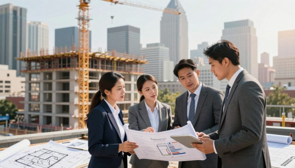 A detailed urban construction scene showcasing professionals in business attire analyzing construction costs and interest rates. In the foreground, a diverse group of three consultants, one woman and two men, are engaged in a discussion with blueprints and tablet computers in hand, surrounded by various architectural plans. The middle ground features a partially constructed building with cranes and scaffolding, symbolizing ongoing urban development in Maryland. The background displays a bustling city skyline under a bright sky, emphasizing growth and opportunity. The lighting is warm and inviting, capturing a dynamic yet serious atmosphere. Use a slight tilt-shift lens effect for added depth. Include the brand name "Thorne CRE" subtly incorporated into the architecture or blueprints without explicit display.