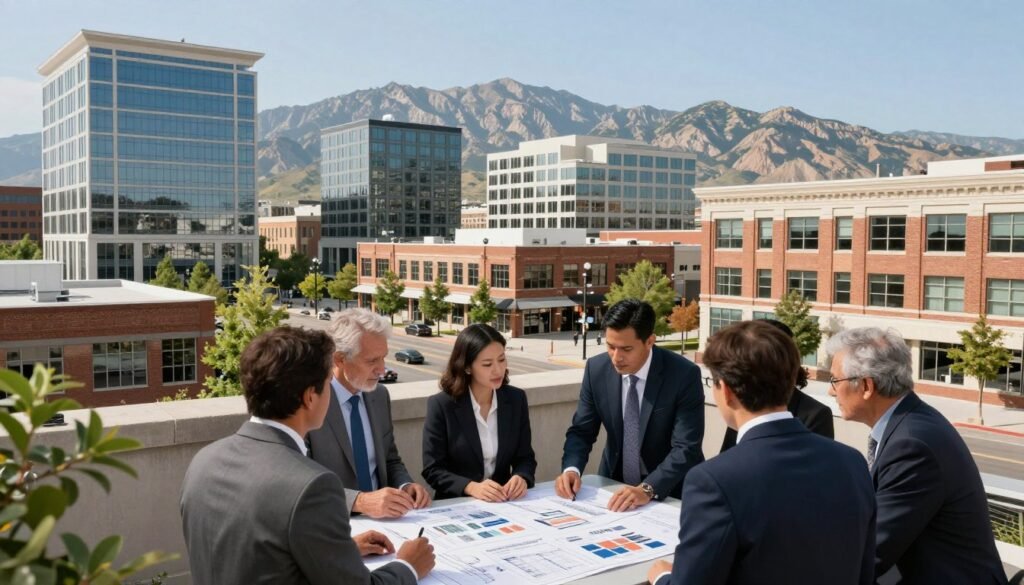 A detailed urban landscape showcasing commercial real estate options in Utah, featuring modern office buildings and retail spaces interspersed with greenery. In the foreground, a diverse group of professional individuals in business attire discusses plans around a table with blueprints and market reports. The middle ground highlights eye-catching architecture, including a mix of glass-fronted skyscrapers and charming brick buildings. The background reveals majestic mountains under a clear blue sky, symbolizing Utah's unique geography. Soft, natural daylight illuminates the scene, creating an inviting atmosphere. The camera angle captures a dynamic perspective, emphasizing both the human element and the diverse real estate options available, conveying a sense of growth and opportunity in the commercial real estate market.