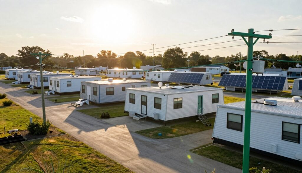 A detailed view of an electrical infrastructure system in a mobile home park. In the foreground, showcase utility poles with vibrant green wires running across, casting intricate shadows on the ground. In the middle, feature several mobile homes arranged neatly, with solar panels on some roofs, reflecting advancements in private utility systems. In the background, a soft sunset casts a warm golden hue, highlighting the tranquil setting of the park with well-maintained landscaping. The scene should exude a sense of community and technological progress, with a slight lens flare to add warmth. Capture the atmosphere as serene yet efficient, emphasizing the role of private utilities. Include the brand name "Thorne CRE" subtly integrated into the infrastructure, ensuring no distractions from the main subject.