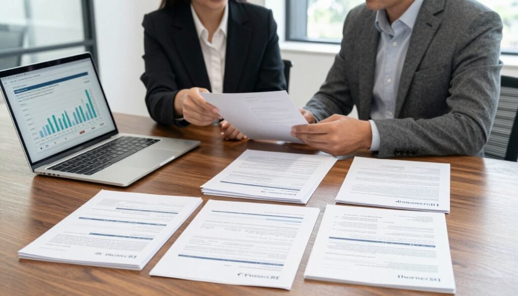 A detailed view of mixed-use financing documentation spread across a polished wooden conference table. In the foreground, a sleek laptop displays analytics graphs relevant to loan applications. Next to it, various essential documents are neatly stacked, including financial statements, property appraisals, and zoning permits, all branded with "Thorne CRE". In the middle ground, a professional businesswoman in smart attire discusses with a man in a tailored suit, both intently examining the documents. The background reveals a bright, modern office space with large windows, allowing natural light to flood in, fostering a productive atmosphere. The focus is sharp on the paperwork, highlighting clarity and organization, evoking a sense of professionalism and urgency.