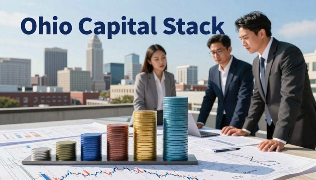 A detailed visual representation of the "Ohio Capital Stack" concept. In the foreground, depict a modern, sleek graph or stack of financial components, symbolizing capital in various sizes, textures, and colors, representing industrial and multifamily investments. The middle ground features a professional team of three individuals dressed in business attire, analyzing the stack with focus and determination. They are surrounded by architectural blueprints and financial documents. In the background, incorporate a panoramic view of the Ohio skyline, showcasing both industrial and residential buildings under a bright, clear blue sky with soft sunlight illuminating the scene. The atmosphere conveys ambition and professionalism, with a slight depth of field to emphasize the main elements. Include the text "Thorne CRE" subtly integrated into the design.