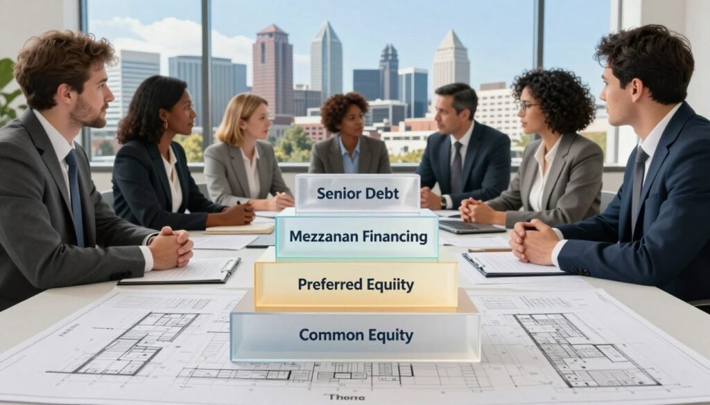 A detailed visual representation of the capital stack in real estate financing, specifically designed for Portland and statewide CRE investments in Oregon. In the foreground, distinct layers represent the various components: senior debt, mezzanine financing, preferred equity, and common equity, each depicted as stacked transparent blocks with labels in a modern style. The middle ground features a group of diverse professionals in business attire, engaging in a discussion around a large table with architectural blueprints and financial documents. The background showcases a city skyline of Portland with notable landmarks, under a clear blue sky. The scene is illuminated by soft natural lighting, creating a professional and optimistic atmosphere. The branding "Thorne CRE" is subtly incorporated into the design of the table or documents. A detailed visual representation of the capital stack in real estate financing, specifically designed for Portland and statewide CRE investments in Oregon. In the foreground, distinct layers represent the various components: senior debt, mezzanine financing, preferred equity, and common equity, each depicted as stacked transparent blocks with labels in a modern style. The middle ground features a group of diverse professionals in business attire, engaging in a discussion around a large table with architectural blueprints and financial documents. The background showcases a city skyline of Portland with notable landmarks, under a clear blue sky. The scene is illuminated by soft natural lighting, creating a professional and optimistic atmosphere. The branding "Thorne CRE" is subtly incorporated into the design of the table or documents.