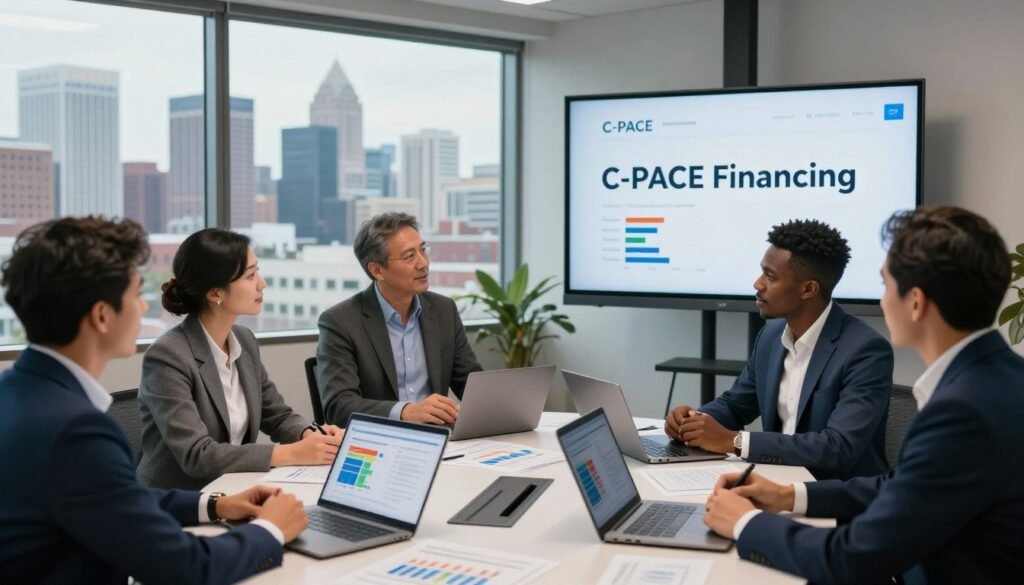A detailed visualization of "C-PACE financing" in a modern office setting. In the foreground, a diverse group of professionals, dressed in smart business attire, engage in a dynamic discussion around a conference table filled with financial documents and digital devices showcasing projected graphs and capital stacks. The middle features a large window with a cityscape of Tennessee’s skyline, highlighting growth and opportunity in commercial real estate. In the background, a sleek presentation screen displays "C-PACE Financing" prominently, while soft, natural lighting filters through the window, creating an optimistic atmosphere. The overall mood is collaborative and focused, embodying innovation in high-growth CRE markets. Include subtle branding for "Thorne CRE" on the conference materials.