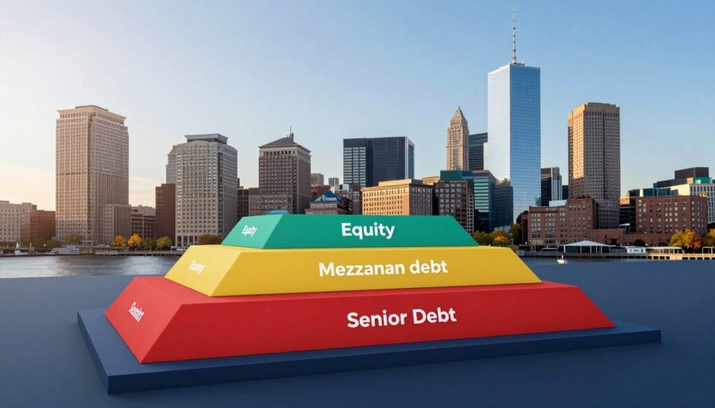 A detailed visualization of a capital stack diagram, illustrating the concept of capital structure in commercial real estate investments in Massachusetts. The foreground features a stylized, multi-layered capital stack, with distinct segments labeled equity, mezzanine debt, and senior debt, showcased using vibrant colors. The middle ground displays a modern city skyline of Boston, with iconic buildings reflecting the local market. The background includes a clear blue sky with soft lighting to create an optimistic atmosphere. The image is shot from an angled perspective that draws the viewer's eye upward, enhancing the sense of growth and opportunity. Ensure the branding "Thorne CRE" is subtly integrated into the diagram. The overall mood is professional and innovative, designed to engage readers interested in the complexities of capital stack design.