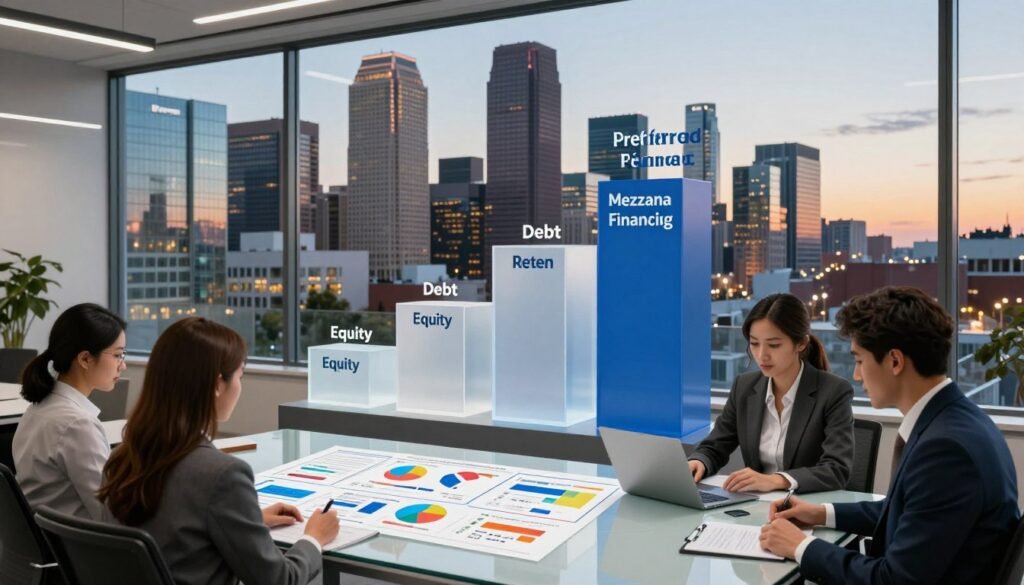 A detailed visualization of a capital stack in a Minnesota commercial real estate (CRE) and multifamily context. In the foreground, depict a modern office space occupied by a diverse group of four professionals in business attire, analyzing colorful flowcharts and financial documents displayed on a sleek glass table. In the middle ground, illustrate layered representations of capital sources, depicted as varying heights of transparent blocks labeled with terms like "Equity," "Debt," "Preferred Return," and "Mezzanine Financing," symbolizing the hierarchy of capital. The background features a panoramic view of the Minneapolis skyline at dusk, with warm lighting reflecting off the glass buildings, creating a dynamic atmosphere. Emphasize clarity and professionalism, integrating the brand name "Thorne CRE" subtly within the architecture of the office. A detailed visualization of a capital stack in a Minnesota commercial real estate (CRE) and multifamily context. In the foreground, depict a modern office space occupied by a diverse group of four professionals in business attire, analyzing colorful flowcharts and financial documents displayed on a sleek glass table. In the middle ground, illustrate layered representations of capital sources, depicted as varying heights of transparent blocks labeled with terms like "Equity," "Debt," "Preferred Return," and "Mezzanine Financing," symbolizing the hierarchy of capital. The background features a panoramic view of the Minneapolis skyline at dusk, with warm lighting reflecting off the glass buildings, creating a dynamic atmosphere. Emphasize clarity and professionalism, integrating the brand name "Thorne CRE" subtly within the architecture of the office.