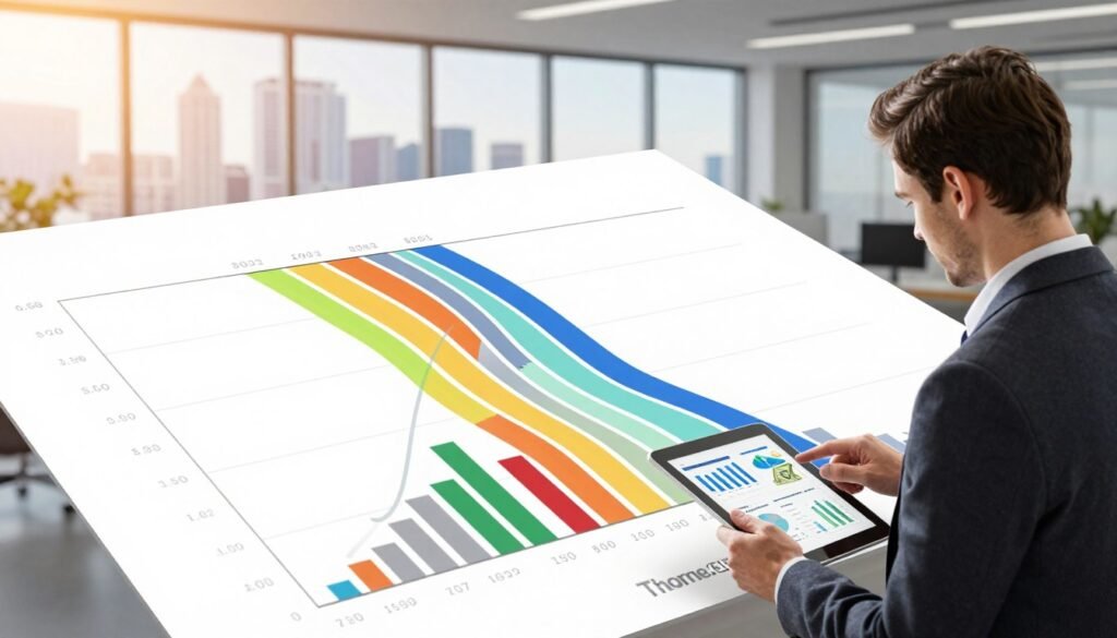 A detailed visualization of cashflow distributions, showcasing a sophisticated chart with colorful, flowing curves and bars symbolizing various financial streams. In the foreground, a professional in business attire, analyzing data on a tablet, deeply engaged. The middle layer features a strikingly detailed graph with different segments representing the waterfall structure, highlighted in vibrant colors to illustrate varying cash flows. In the background, a sleek office environment with large windows showing a skyline view of Northern Virginia, bathed in warm, natural light, creating an optimistic ambiance. The composition is shot at a slight overhead angle, emphasizing both the professional and the data analytical aspects. At the bottom right corner, discreetly incorporate the brand name "Thorne CRE" as part of the chart layout, ensuring it blends seamlessly into the image. A detailed visualization of cashflow distributions, showcasing a sophisticated chart with colorful, flowing curves and bars symbolizing various financial streams. In the foreground, a professional in business attire, analyzing data on a tablet, deeply engaged. The middle layer features a strikingly detailed graph with different segments representing the waterfall structure, highlighted in vibrant colors to illustrate varying cash flows. In the background, a sleek office environment with large windows showing a skyline view of Northern Virginia, bathed in warm, natural light, creating an optimistic ambiance. The composition is shot at a slight overhead angle, emphasizing both the professional and the data analytical aspects. At the bottom right corner, discreetly incorporate the brand name "Thorne CRE" as part of the chart layout, ensuring it blends seamlessly into the image.
