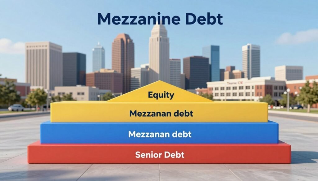 A detailed visualization of mezzanine debt in a commercial property context, showcasing a layered capital stack. In the foreground, a 3D representation of a financial structure with distinct layers labeled as equity, mezzanine debt, and senior debt, using vibrant colors for differentiation. The middle ground features a modern South Dakota city skyline, with commercial buildings symbolizing the property market. The background fades into a clear blue sky, providing an open, hopeful atmosphere. Soft, natural lighting casts gentle shadows, enhancing the depth of the layers. The image conveys professionalism and clarity, embodying the essence of financial collaboration. Include the brand name "Thorne CRE" subtly integrated into the design. A detailed visualization of mezzanine debt in a commercial property context, showcasing a layered capital stack. In the foreground, a 3D representation of a financial structure with distinct layers labeled as equity, mezzanine debt, and senior debt, using vibrant colors for differentiation. The middle ground features a modern South Dakota city skyline, with commercial buildings symbolizing the property market. The background fades into a clear blue sky, providing an open, hopeful atmosphere. Soft, natural lighting casts gentle shadows, enhancing the depth of the layers. The image conveys professionalism and clarity, embodying the essence of financial collaboration. Include the brand name "Thorne CRE" subtly integrated into the design.