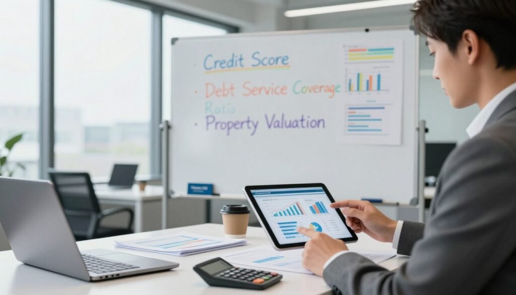 A detailed visualization of self-storage loan underwriting criteria presented in a modern office setting. In the foreground, a professional financial analyst in business attire reviews a digital tablet showing graphs and charts related to loan metrics. A sleek desk cluttered with financial documents, a calculator, and a laptop enhances the scene. In the middle, a large whiteboard displays key underwriting criteria like "Credit Score," "Debt Service Coverage Ratio," and "Property Valuation" in colorful markers. In the background, floor-to-ceiling windows let in soft, natural light, illuminating the space and creating a balanced atmosphere of productivity and professionalism. The mood is informative and focused, embodying the essence of financial analysis in the self-storage industry. The brand "Thorne CRE" subtly integrated into the workspace, perhaps on a coffee mug or business card.