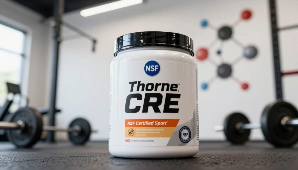 A detailed, visually captivating representation of "Thorne CRE" showcasing the "NSF Certified Sport®" logo prominently on a sleek, modern creatine container. In the foreground, the container stands out, glistening under bright, soft lighting that highlights its design and vibrant colors. The middle ground features a backdrop of a well-organized fitness area, with weights and gym equipment subtly blurred, suggesting an active and healthy lifestyle. In the background, a clean, abstract representation of molecules or atomic structures hints at the scientific foundation of the product. The scene evokes a sense of trust and reliability, emphasizing quality and performance. The angle should be slightly elevated to create a dynamic perspective. The atmosphere should feel energetic yet professional, suitable for athletes and fitness enthusiasts.
