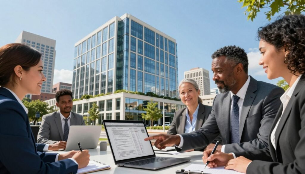 A diverse group of professionals in business attire discussing a commercial real estate project in Louisiana. In the foreground, a middle-aged African American man points at a laptop screen, displaying financial documents, while a Hispanic woman takes notes. In the middle ground, a large, modern office building features prominently, showcasing glass façades and greenery around it. The background reveals a vibrant cityscape of Baton Rouge with iconic architecture under a clear blue sky. Bright, natural lighting enhances the scene, creating a productive and hopeful atmosphere. The angle presents a slight upward view, adding a sense of ambition and scale to the commercial real estate setting. The mood is focused yet optimistic, symbolizing strategic financing opportunities.