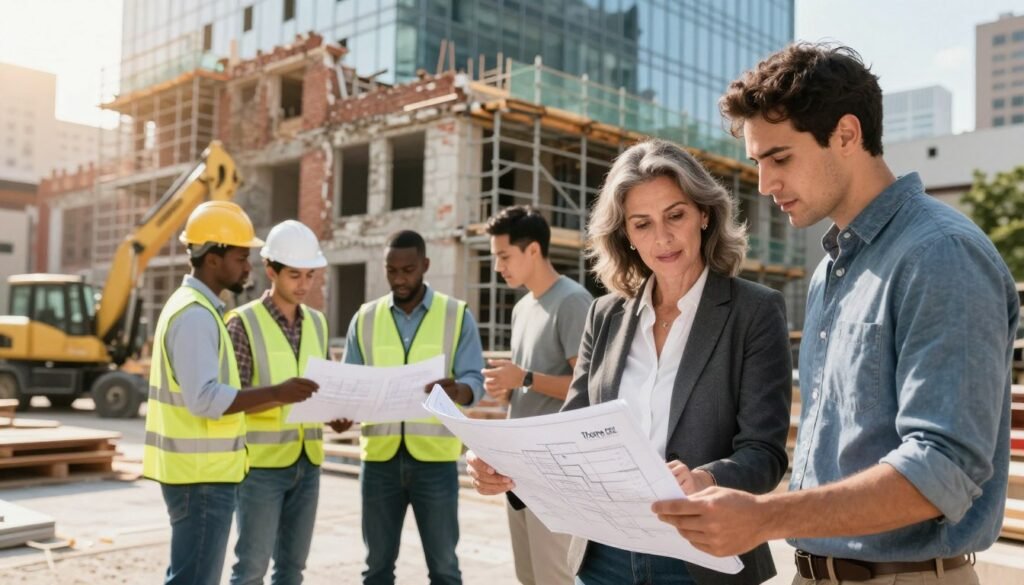 A diverse mixed-use renovation team collaborates on a vibrant urban project, set in a bustling city environment. In the foreground, a middle-aged woman in professional business attire examines architectural blueprints with a younger man in smart casual clothing, both engaged and focused. In the middle, a diverse group of professionals, including a Black architect and a Hispanic contractor, discuss plans near a partially renovated building, showcasing brick and glass elements. The background reveals scaffolding and construction equipment, blending the old and new architecture. Soft afternoon sunlight filters through, casting warm tones and creating a productive, motivated atmosphere. The brand "Thorne CRE" is subtly integrated into the scene, emphasizing collaboration and modern renovation.